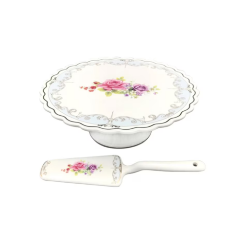 PRATO PARA BOLO COM PÉ E ESPÁTULA DE PORCELANA MON CHERI EM NEW BONE CHINA