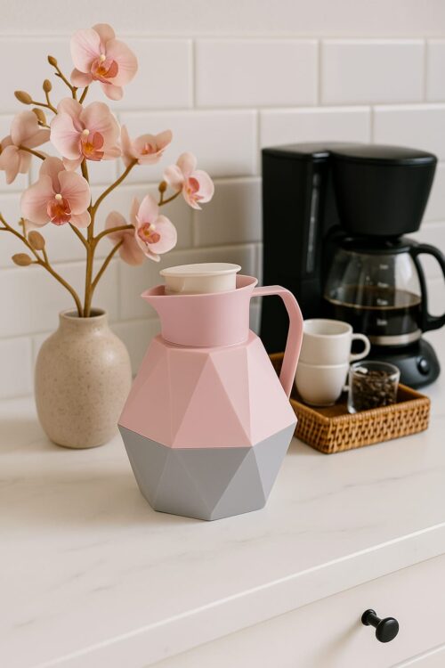 GARRAFA TÉRMICA DIAMANTE 1 LITRO ROSA SUAVE E BEGE PREMIUM